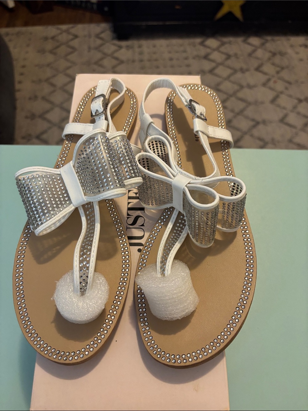JustFab White Rhinestone Bow T-Strap Sandals